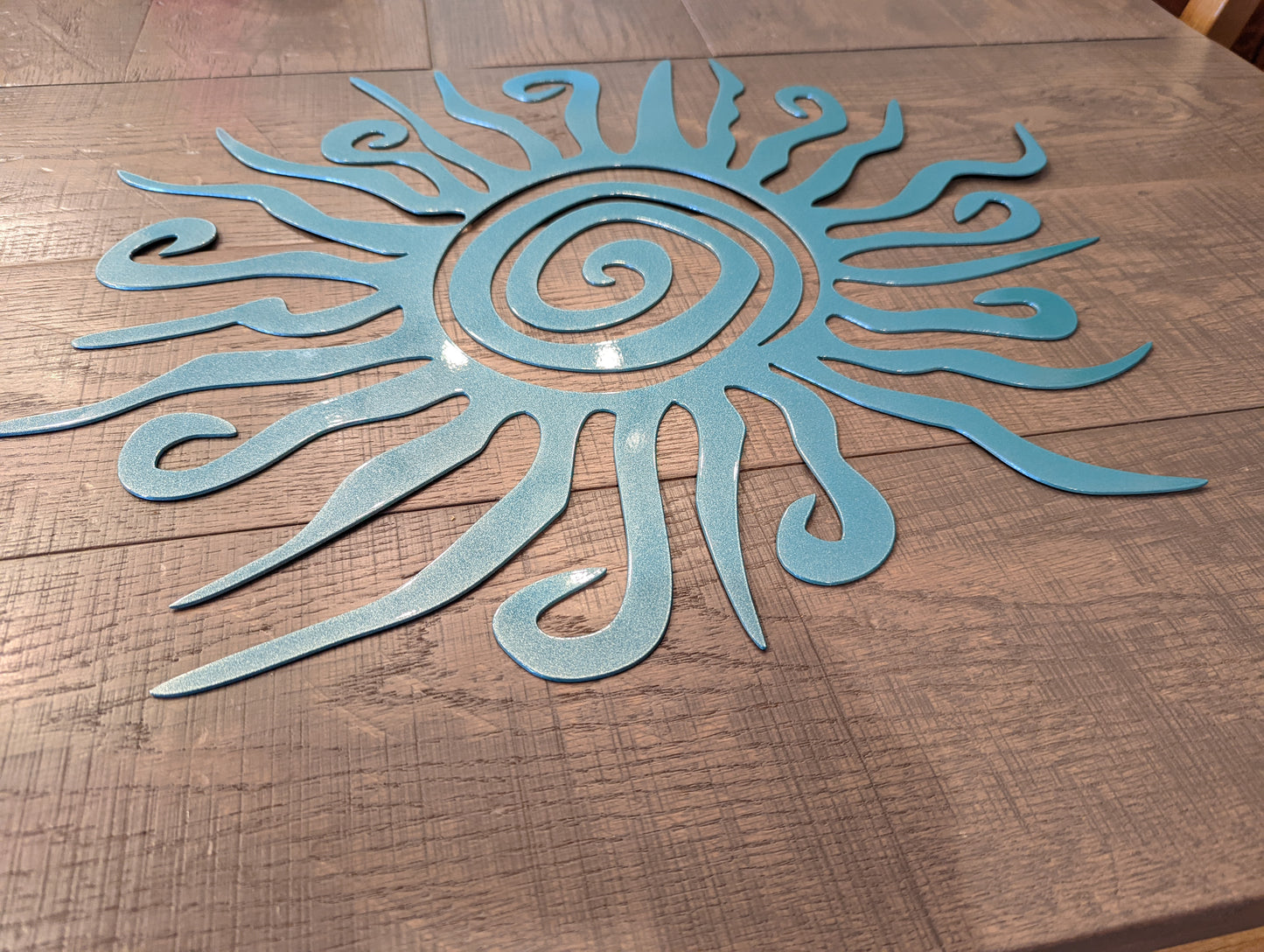 Handcrafted Teal Metal Sun Wall Art – Swirling Rays Design