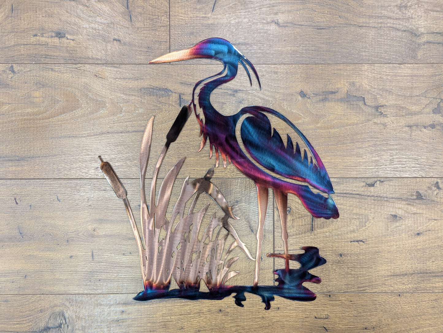 Colorful Heron and Cattails Scenery Metal Art with Colorful Chemical Patina Finish Home Decor for Wall