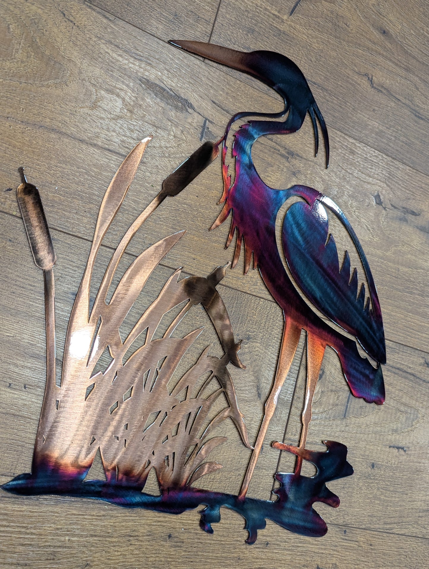Colorful Heron and Cattails Scenery Metal Art with Colorful Chemical Patina Finish Home Decor for Wall