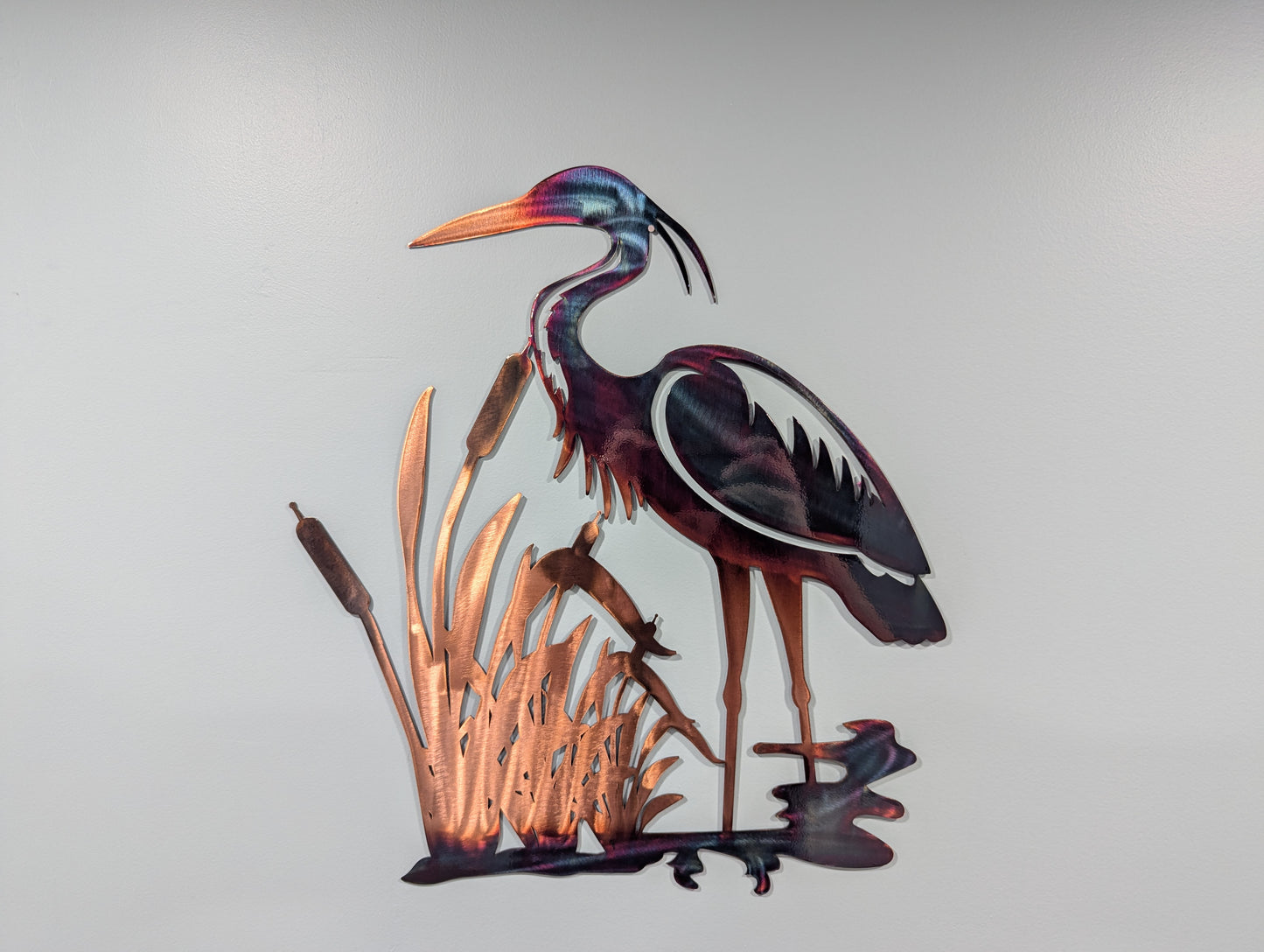 Colorful Heron and Cattails Scenery Metal Art with Colorful Chemical Patina Finish Home Decor for Wall