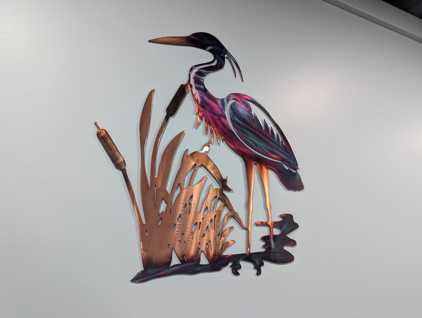 Colorful Heron and Cattails Scenery Metal Art with Colorful Chemical Patina Finish Home Decor for Wall