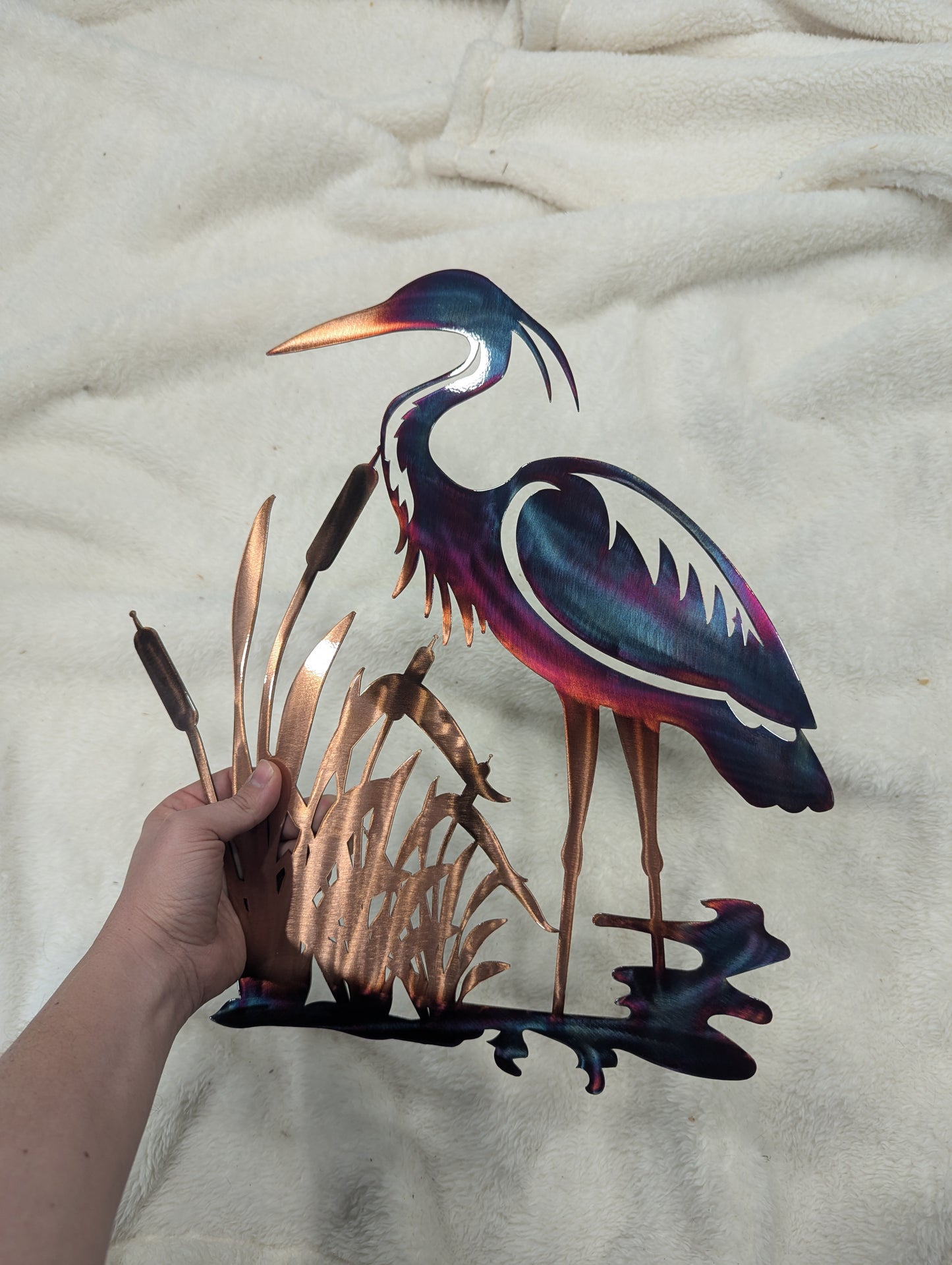 Colorful Heron and Cattails Scenery Metal Art with Colorful Chemical Patina Finish Home Decor for Wall