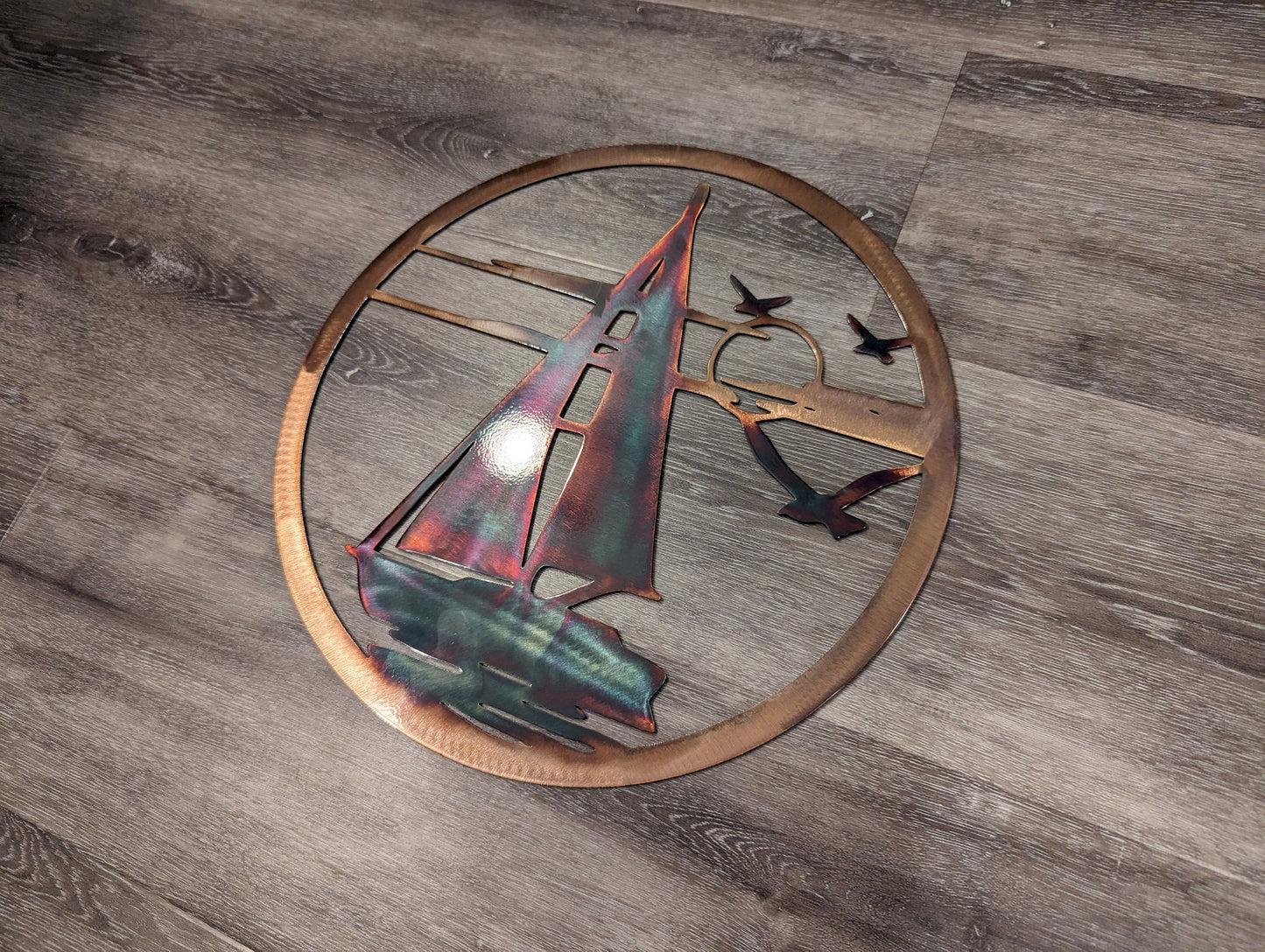 Colorful Sailboat Scenery Metal Art with Colorful Chemical Patina Finish Home Decor for Wall
