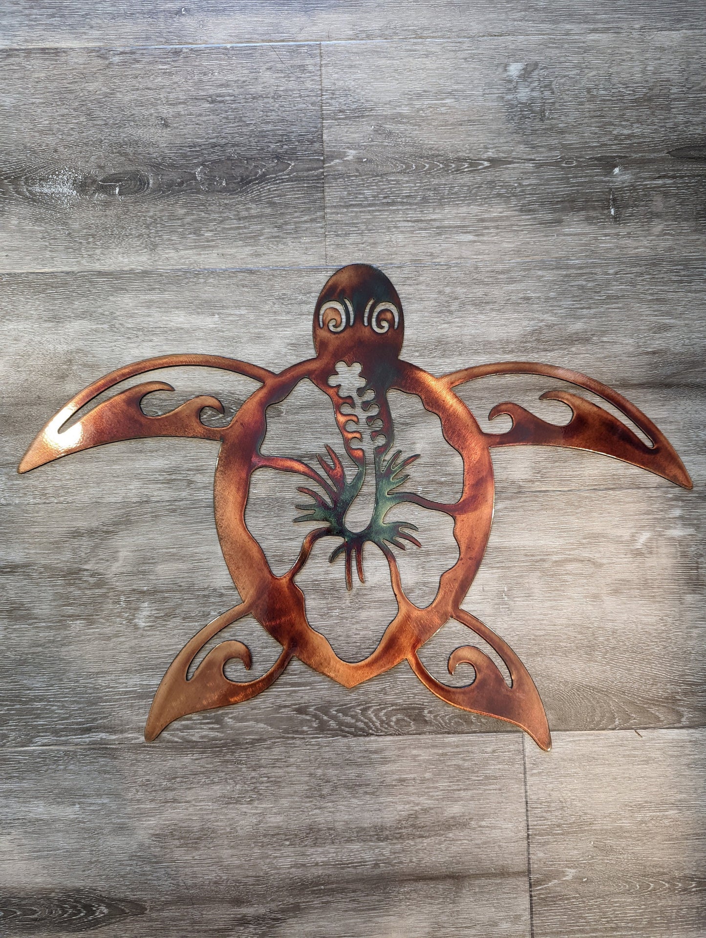 Hibiscus Sea Turtle Metal Art with Colorful Patina Finish