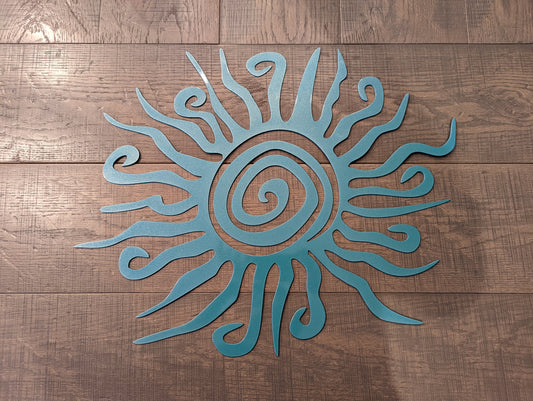 Handcrafted Teal Metal Sun Wall Art – Swirling Rays Design