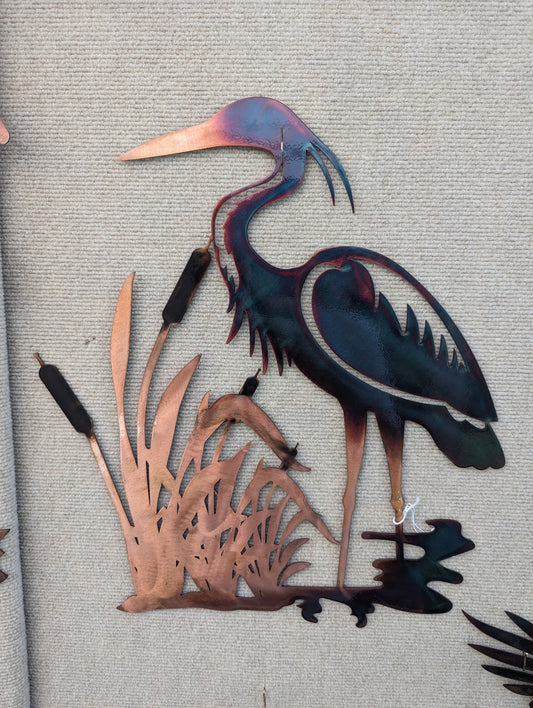 Colorful Heron and Cattails Scenery Metal Art with Colorful Chemical Patina Finish Home Decor for Wall