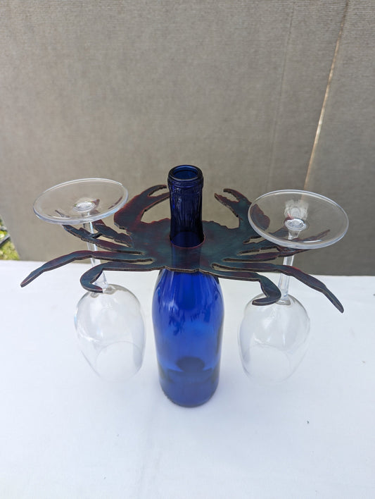 Blue Crab Wine Bottle and Wine Glass Holder with Colorful Patina Finish Gift