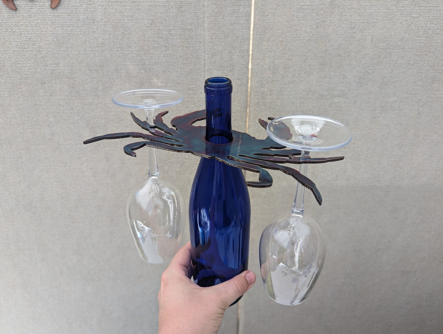 Blue Crab Wine Bottle and Wine Glass Holder with Colorful Patina Finish Gift